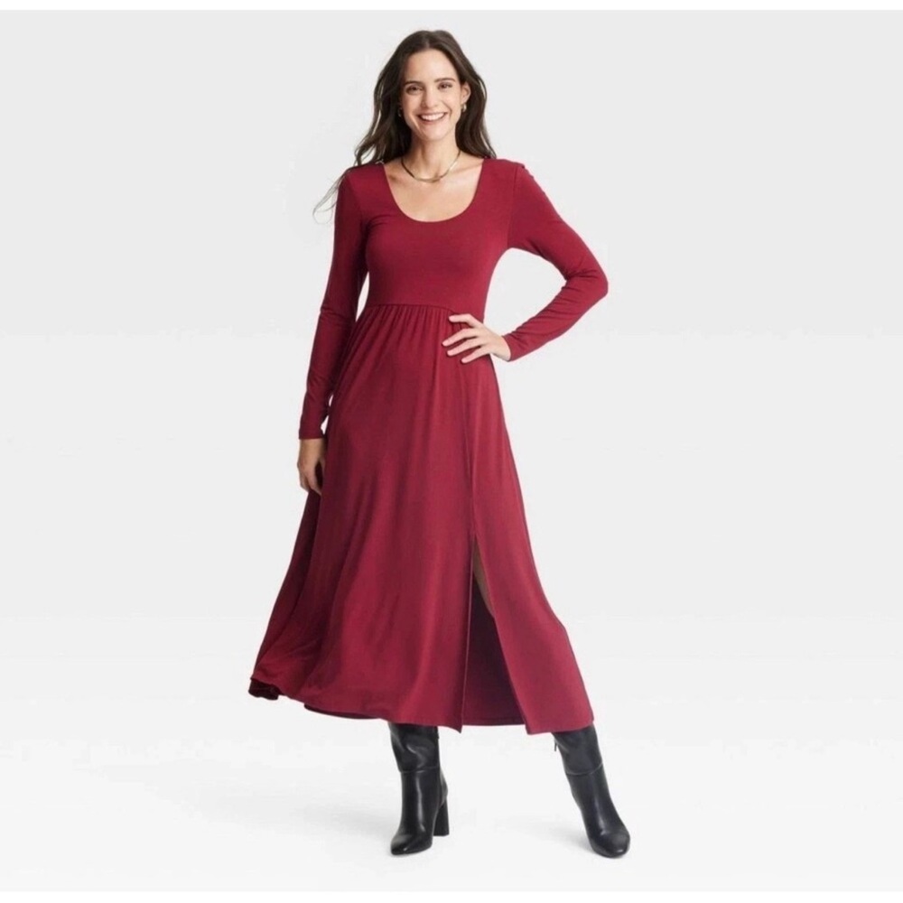 A New Day Burgundy Long Sleeve Knit Ballet Maxi Dress Womens Size XS